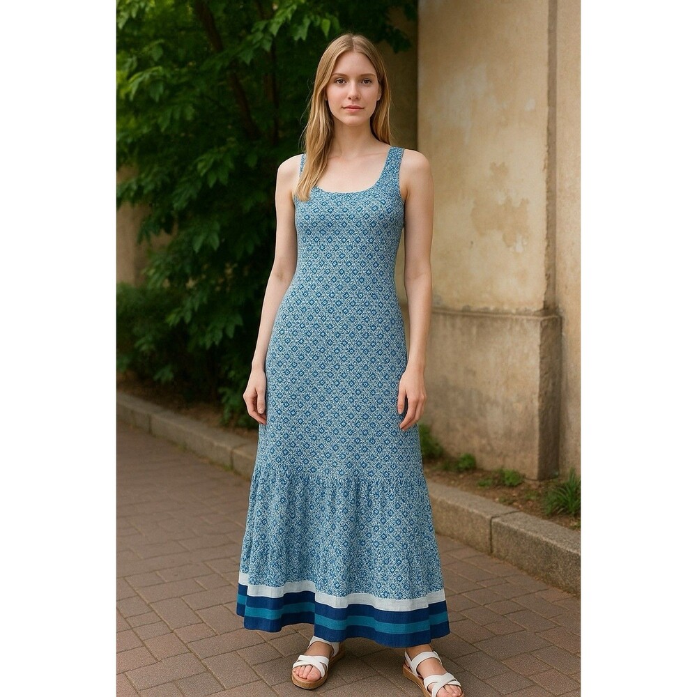 Lands' End Cotton Modal Square Neck Tiered Ruffle Maxi Dress Ditzy Floral M 8/10